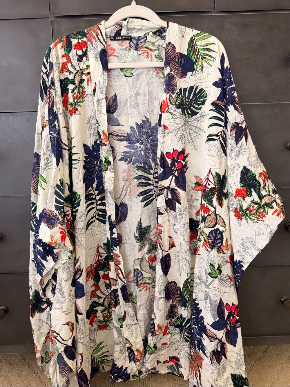 SHEIN Cream Floral Open-Front long Kimono Top